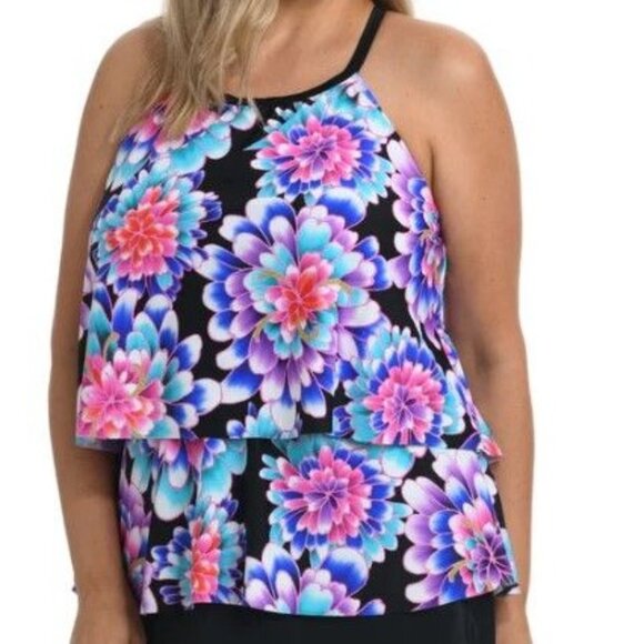 Maxine of Hollywood Floral Swim Top - Black, Blue, Pink - Picture 1 of 7